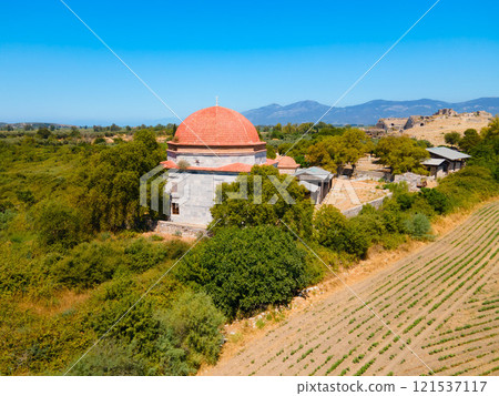 Ilyas Bey Kulliyesi Mosque aerial panoramic view at Miletus 121537117