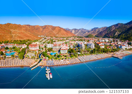 Icmeler town beach aerial panoramic view in Turkey 121537133