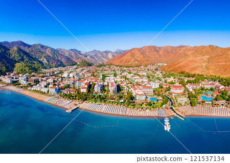 Icmeler town beach aerial panoramic view in Turkey 121537134