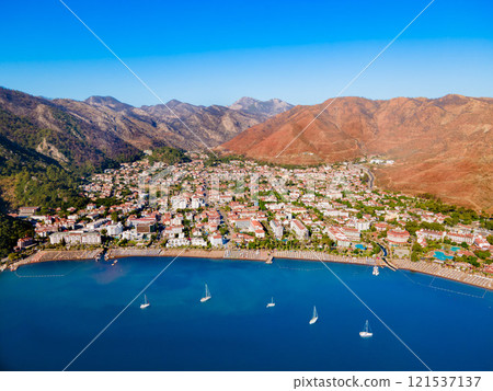 Icmeler town beach aerial panoramic view in Turkey 121537137