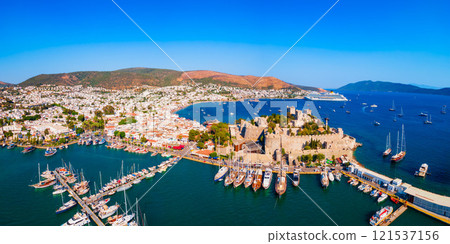 The Bodrum Castle and marina aerial panoramic view in Turkey The Bodrum Castle and marina aerial panoramic view in Turkey 121537156