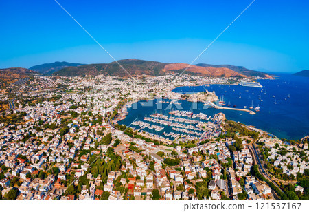 Bodrum beach and marina aerial panoramic view in Turkey 121537167