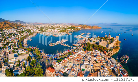 The Bodrum Castle and marina aerial panoramic view in Turkey 121537173