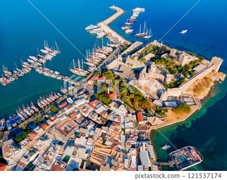 The Bodrum Castle and marina aerial panoramic view in Turkey 121537174