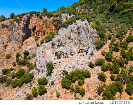 Kaunos Rock Tombs aerial view near Dalyan town in Turkey Kaunos Rock Tombs aerial view near Dalyan town in Turkey 121537180