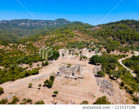 Kaunos ancient city aerial panoramic view near Dalyan, Turkey Kaunos ancient city aerial panoramic view near Dalyan, Turkey 121537186
