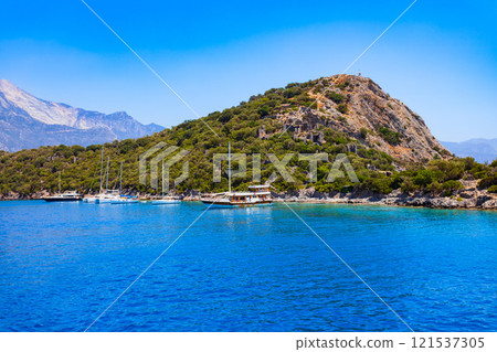 Boat at the Gemiler or St. Nicholas Island in Turkey 121537305