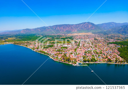 Koycegiz town and lake aerial panoramic view in Turkey 121537365