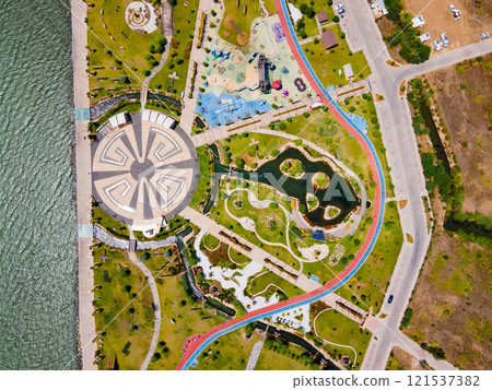 Sehit Fethi Bey Park aerial panoramic view in Fethiye city, Turkey 121537382