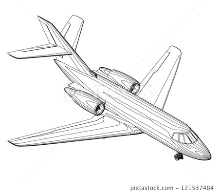 Outline of a passenger plane from black lines isolated on a white background. Isometric view. 3D. Vector illustration. 121537484