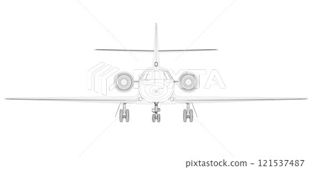 Outline of a passenger plane from black lines isolated on a white background. Front view. 3D. Vector illustration. 121537487