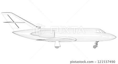 Outline of a passenger plane from black lines isolated on a white background. Side view. 3D. Vector illustration. 121537490