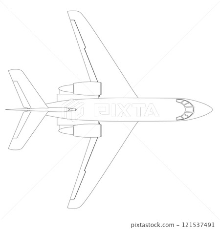 Outline of a passenger plane from black lines isolated on a white background. View from above. 3D. Vector illustration. 121537491