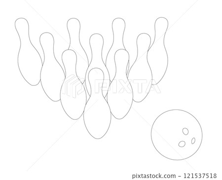 Outline of skittles and bowling ball from black lines isolated on white background. Front view. 3D. Vector illustration. Outline of skittles and bowling ball from black lines isolated on white background. Front view. 3D. Vector illustration. 121537518