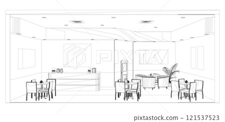 The contour of the cafe premises with tables and reception from black lines isolated on a white background. Front view. 3D. Vector illustration. The contour of the cafe premises with tables and reception from black lines isolated on a white background. Front view. 3D. Vector illustration. 121537523