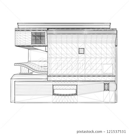 Office copier wireframe from black lines isolated on white background. Side view. 3D. Vector illustration. 121537531