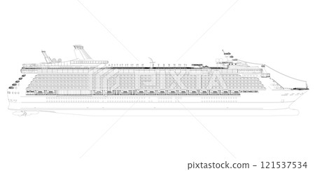 Outline of a large multi-deck cruiser from black lines isolated on a white background. Side view. 3D. Vector illustration. 121537534