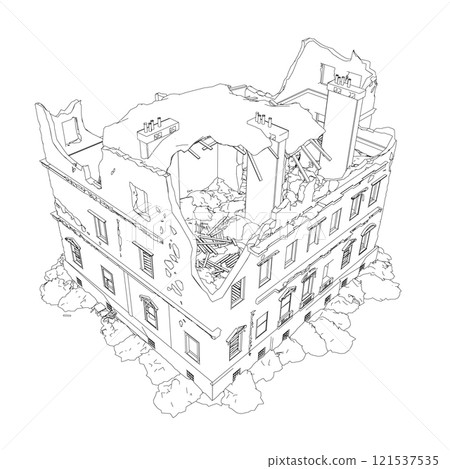 The outline of the destroyed building from black lines isolated on a white background. Isometric view. 3D. Vector illustration. 121537535
