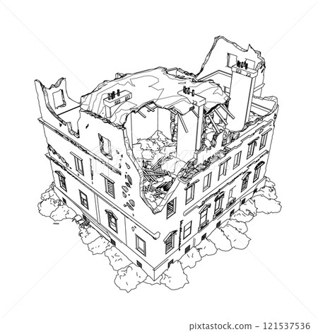The outline of the destroyed building from black lines isolated on a white background. Isometric view. 3D. Vector illustration. The outline of the destroyed building from black lines isolated on a white background. Isometric view. 3D. Vector illustration. 121537536
