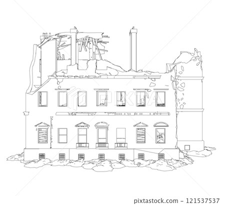 The outline of the destroyed building from black lines isolated on a white background. Front view. 3D. Vector illustration. The outline of the destroyed building from black lines isolated on a white background. Front view. 3D. Vector illustration. 121537537