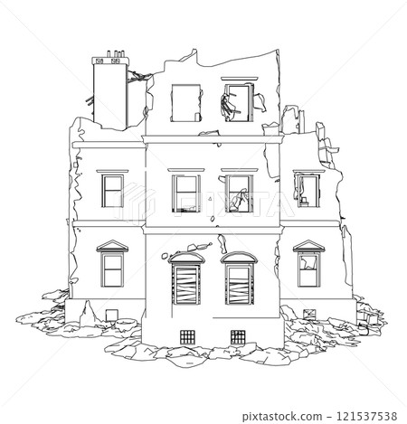 The outline of the destroyed building from black lines isolated on a white background. Front view. 3D. Vector illustration. The outline of the destroyed building from black lines isolated on a white background. Front view. 3D. Vector illustration. 121537538