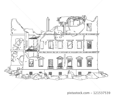The outline of the destroyed building from black lines isolated on a white background. Front view. 3D. Vector illustration. The outline of the destroyed building from black lines isolated on a white background. Front view. 3D. Vector illustration. 121537539