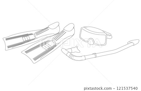 Scuba diving outline from black lines isolated on white background. Fins, mask and snorkel. 3D. Vector illustration. Scuba diving outline from black lines isolated on white background. Fins, mask and snorkel. 3D. Vector illustration. 121537540