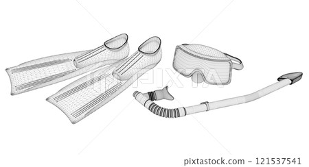 Scuba set wireframe from black lines isolated on white background. Fins and a mask with a snorkel. 3D. Vector illustration. Scuba set wireframe from black lines isolated on white background. Fins and a mask with a snorkel. 3D. Vector illustration. 121537541