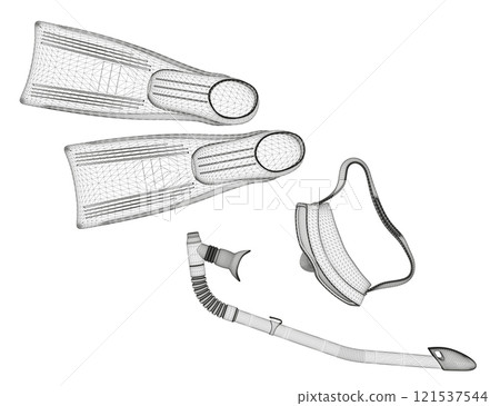 Scuba set wireframe from black lines isolated on white background. Fins and a mask with a snorkel. 3D. Vector illustration. Scuba set wireframe from black lines isolated on white background. Fins and a mask with a snorkel. 3D. Vector illustration. 121537544