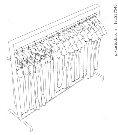 Outline of dresses hanging on hangers from black lines isolated on white background. Isometric view. 3D. Vector illustration. 121537546