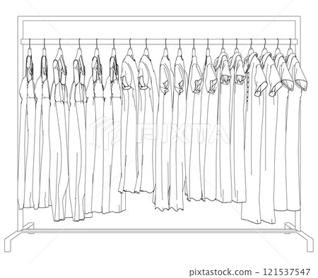 Outline of dresses hanging on hangers from black lines isolated on white background. Side view. 3D. Vector illustration. 121537547