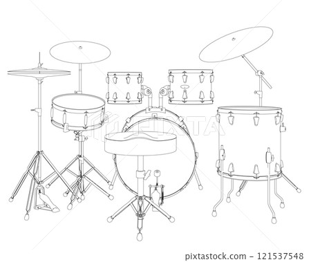 Outline of a drum musical set from black lines isolated on a white background. Back view. 3D. Vector illustration. 121537548