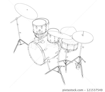 Outline of a drum musical set from black lines isolated on a white background. Isometric view. 3D. Vector illustration. Outline of a drum musical set from black lines isolated on a white background. Isometric view. 3D. Vector illustration. 121537549