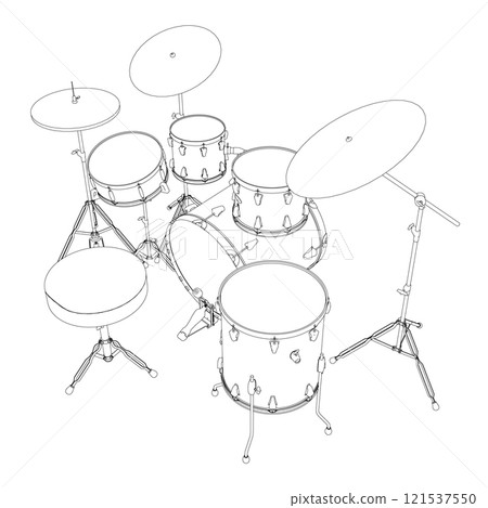 Outline of a drum musical set from black lines isolated on a white background. Isometric view. 3D. Vector illustration. 121537550