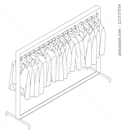 Outline of many jackets hanging on a hanger. Isometric view. 3D. Vector illustration. Outline of many jackets hanging on a hanger. Isometric view. 3D. Vector illustration. 121537554