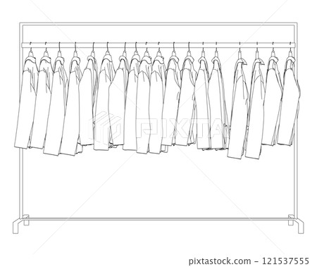Outline of many jackets hanging on a hanger. Side view. 3D. Vector illustration. 121537555