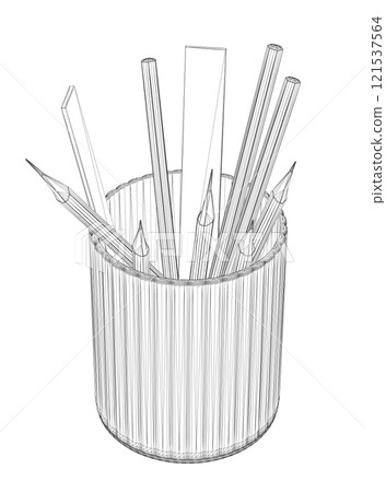 Wireframe of pencils and rulers in a glass from black lines isolated on a white background. Isometric view. 3D. Vector illustration. 121537564