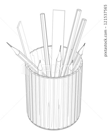 Contour of pencils and rulers in a glass from black lines isolated on a white background. Isometric view. 3D. Vector illustration. 121537565