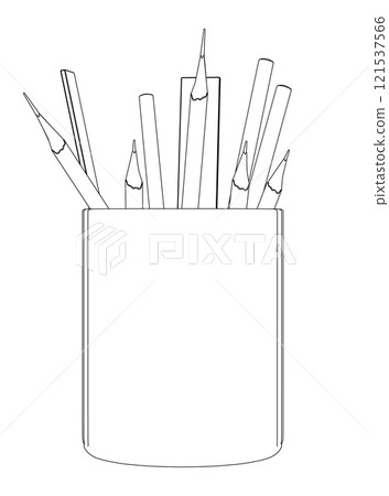 Outline of pencils and rulers in a glass from black lines isolated on a white background. Front view. 3D. Vector illustration. Outline of pencils and rulers in a glass from black lines isolated on a white background. Front view. 3D. Vector illustration. 121537566