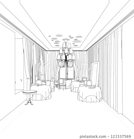 Outline of restaurant interior with laid tables in retro style from black lines isolated on white background. 3D. Vector illustration. 121537569