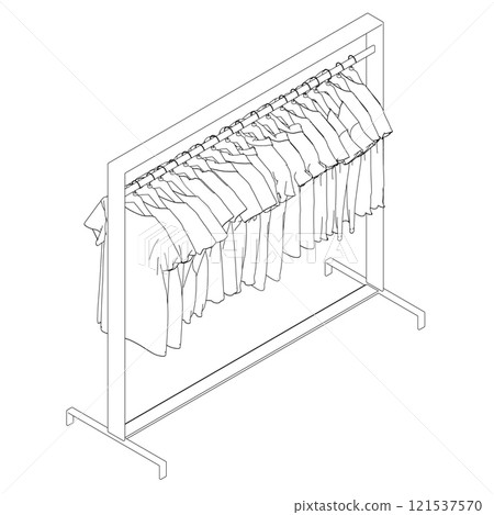Outline of many t-shirts hanging on a hanger from black lines isolated on a white background. Isometric view. 3D. Vector illustration. 121537570