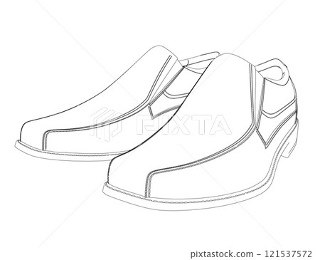 Contour of men's shoes from black lines isolated on white background. Perspective view. 3D. Vector illustration. 121537572
