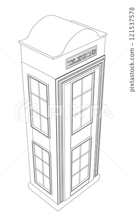 Outline of a telephone booth from black lines isolated on a white background. Isometric view. 3D. Vector illustration. Outline of a telephone booth from black lines isolated on a white background. Isometric view. 3D. Vector illustration. 121537578