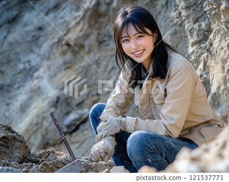 女古生物學家在化石發掘現場進行挖掘_1 女古生物學家在化石發掘現場進行挖掘_1 121537771