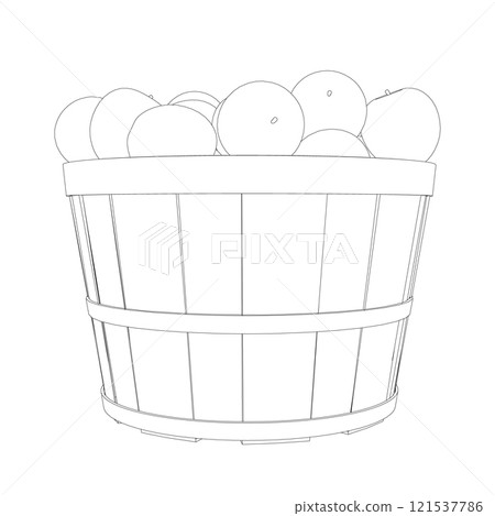 Outline of a pile of apples in a bucket from black lines isolated on a white background. Side view. 3D. Vector illustration. Outline of a pile of apples in a bucket from black lines isolated on a white background. Side view. 3D. Vector illustration. 121537786