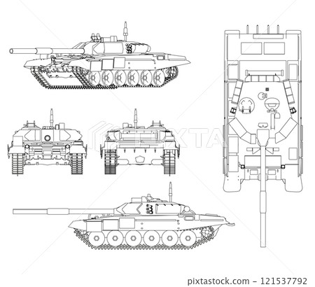 Set with contours of a battle tank from black lines isolated on a white background. Front, side, top, back view. 3D. Vector illustration. Set with contours of a battle tank from black lines isolated on a white background. Front, side, top, back view. 3D. Vector illustration. 121537792