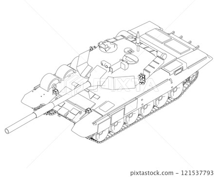 Outline of a battle tank from black lines isolated on a white background. Isometric view. 3D. Vector illustration. 121537793