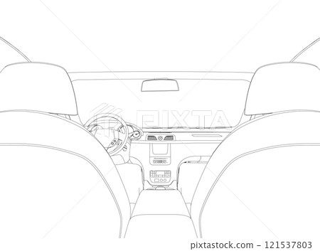 The contour of the car interior inside from black lines isolated on a white background. View from the back seat. 3D. Vector illustration. The contour of the car interior inside from black lines isolated on a white background. View from the back seat. 3D. Vector illustration. 121537803