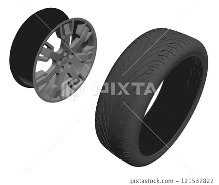 Polygonal model of a car wheel disassembled into a tire and disk isolated on a white background. Isometric view. 3D. Vector illustration. Polygonal model of a car wheel disassembled into a tire and disk isolated on a white background. Isometric view. 3D. Vector illustration. 121537822