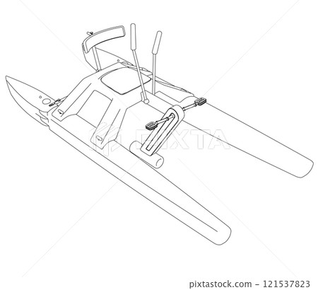 Outline of a catamoran with pedals from black lines isolated on a white background. Isometric view. 3D. Vector illustration. Outline of a catamoran with pedals from black lines isolated on a white background. Isometric view. 3D. Vector illustration. 121537823